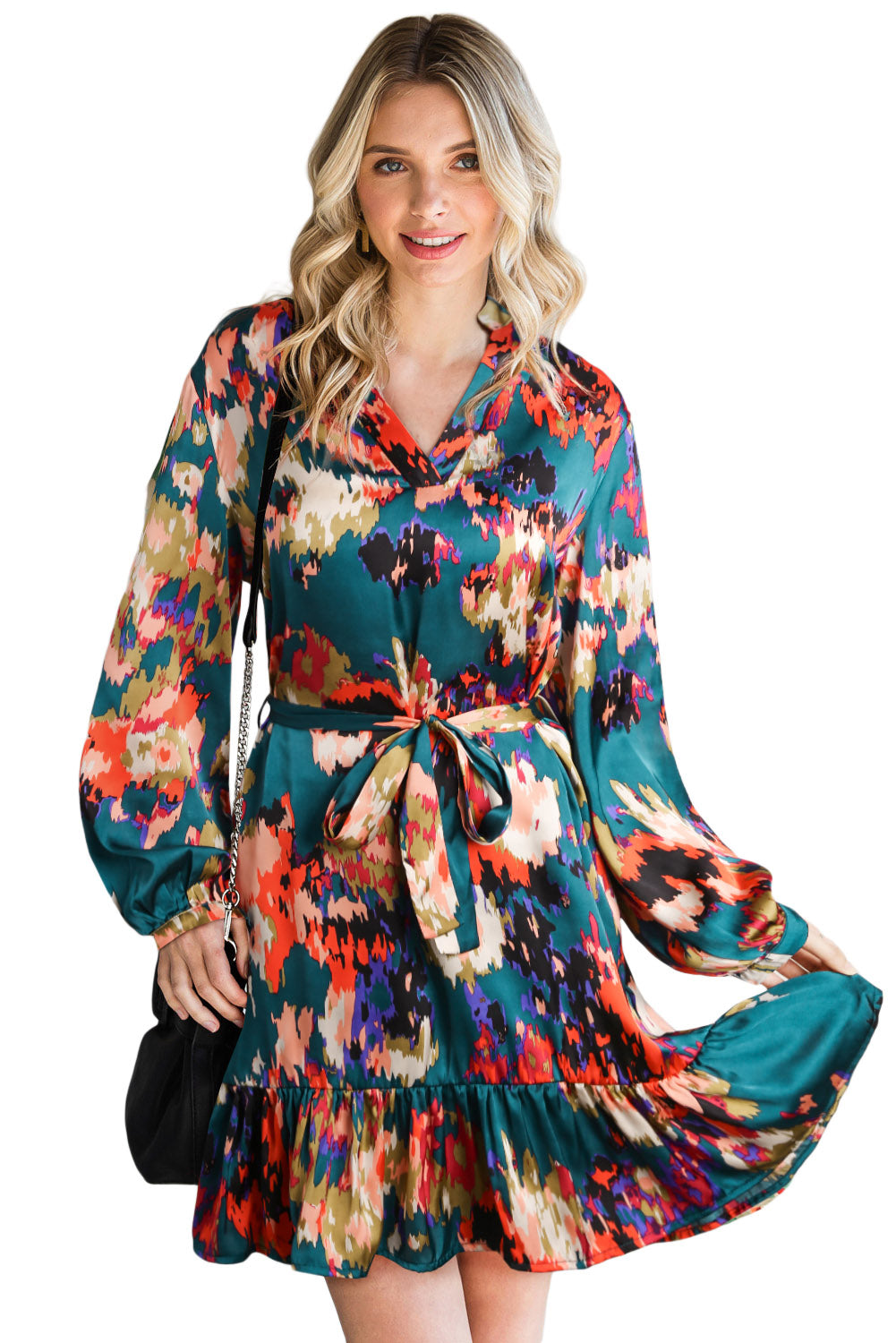 Abstract Print Waist Belted Flounce Hem Split V Neck Long Sleeve Dress