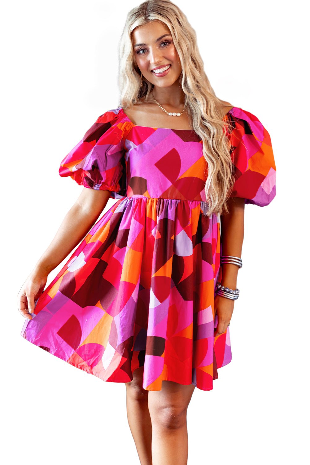 Red Abstract Print Square Neck Puff Sleeve Dress