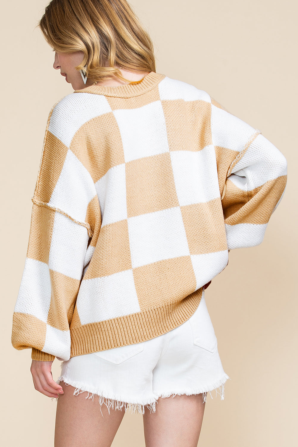 Gray Checkered Bishop Sleeve Pullover Sweater