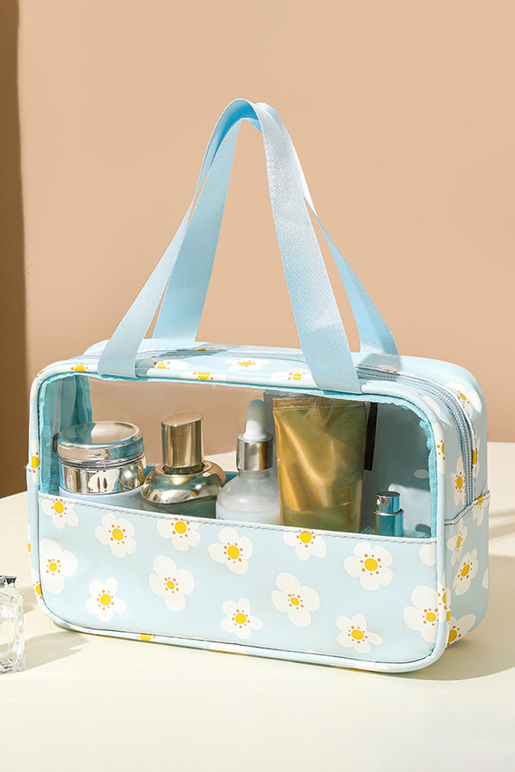 Mist Blue Floral Print Zipper Waterproof Clear Makeup Bag