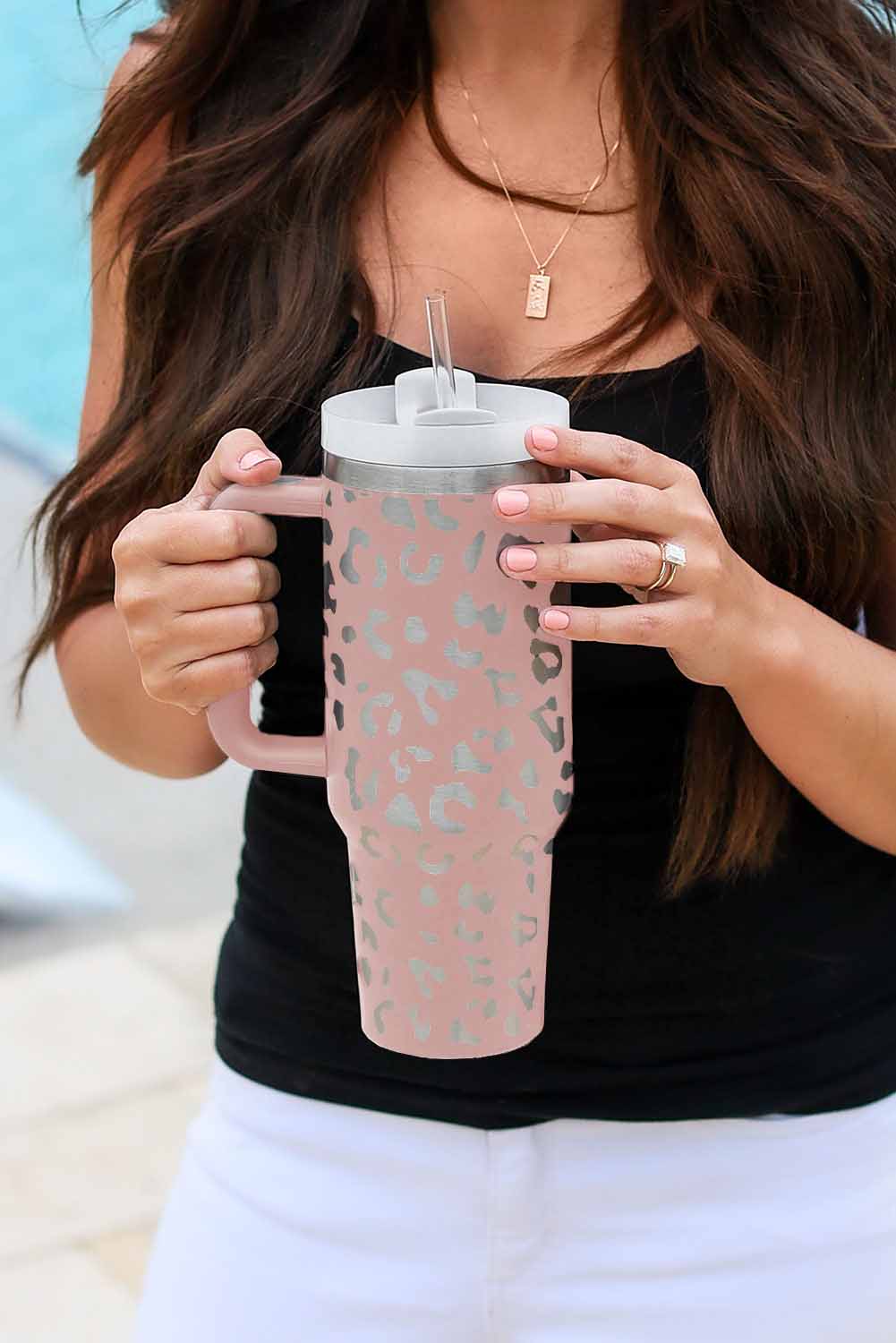 Pink 40oz Stainless Steel Portable Leopard Tumbler Mug With Handle