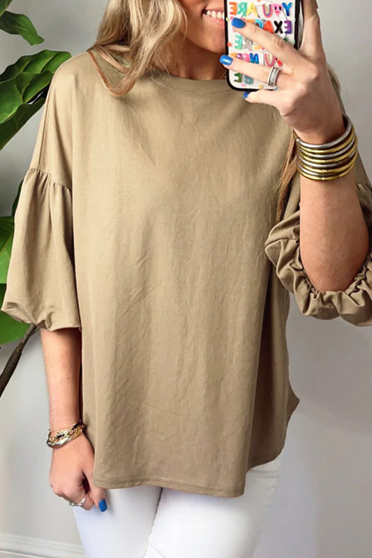 Light Beige Solid Color Round Neck Lantern Sleeve Top