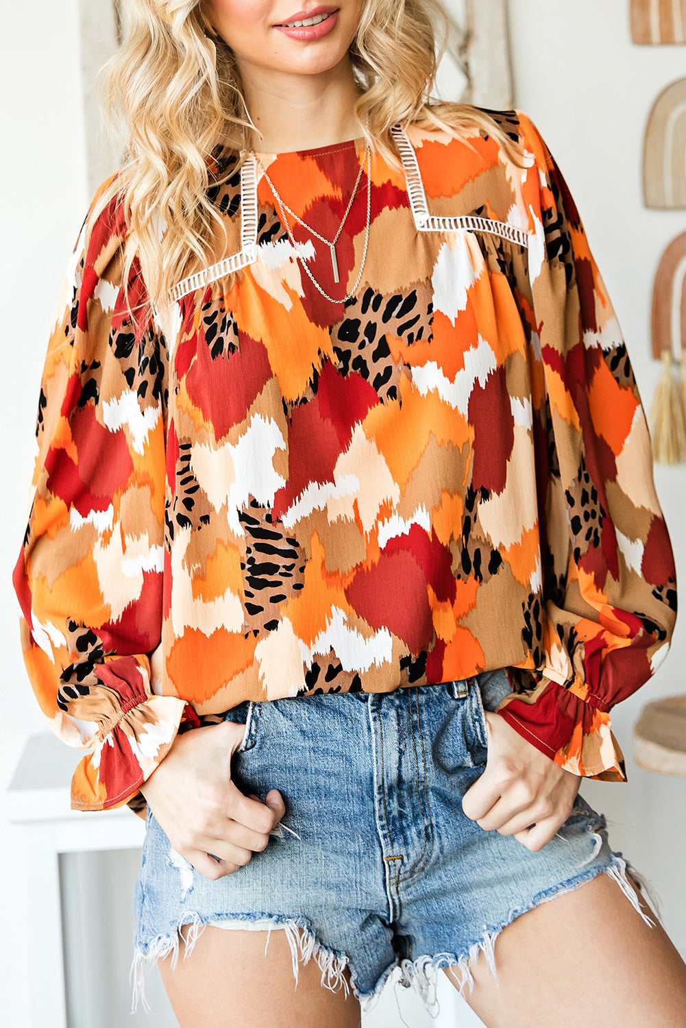 Multicolor Abstract Bohemian Puff Sleeve Blouse