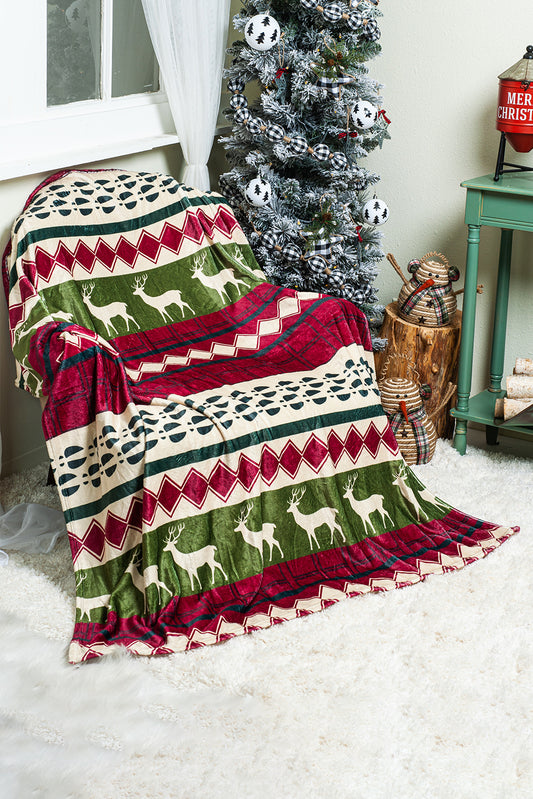 Dark Green Christmas Elk Print Reversible Sherpa Fleece Blanket