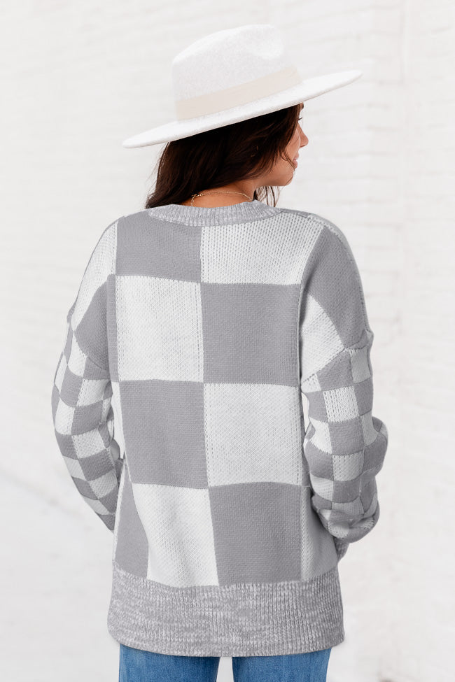 Grey Plaid Knitted Drop Shoulder Loose Fit Sweater