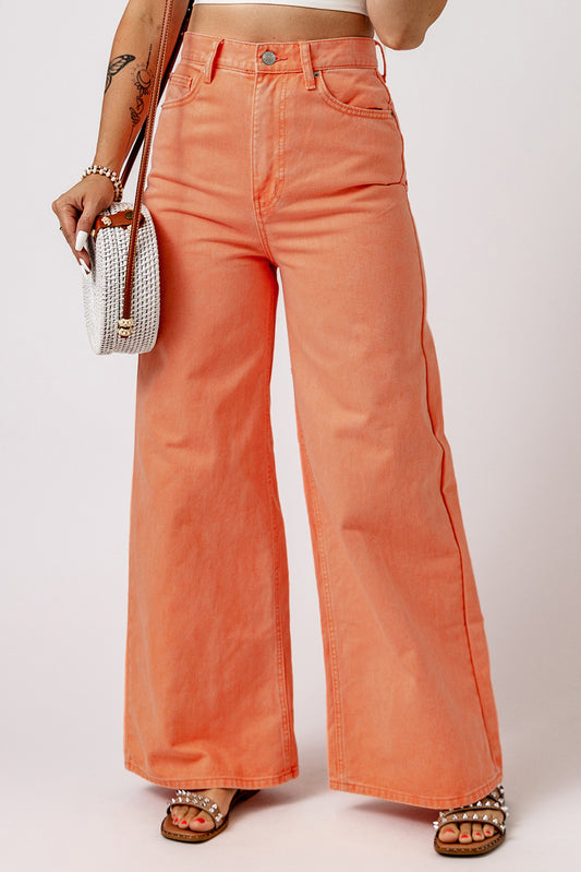 Orange Acid Wash Casual High Waist Wide Leg Jeans