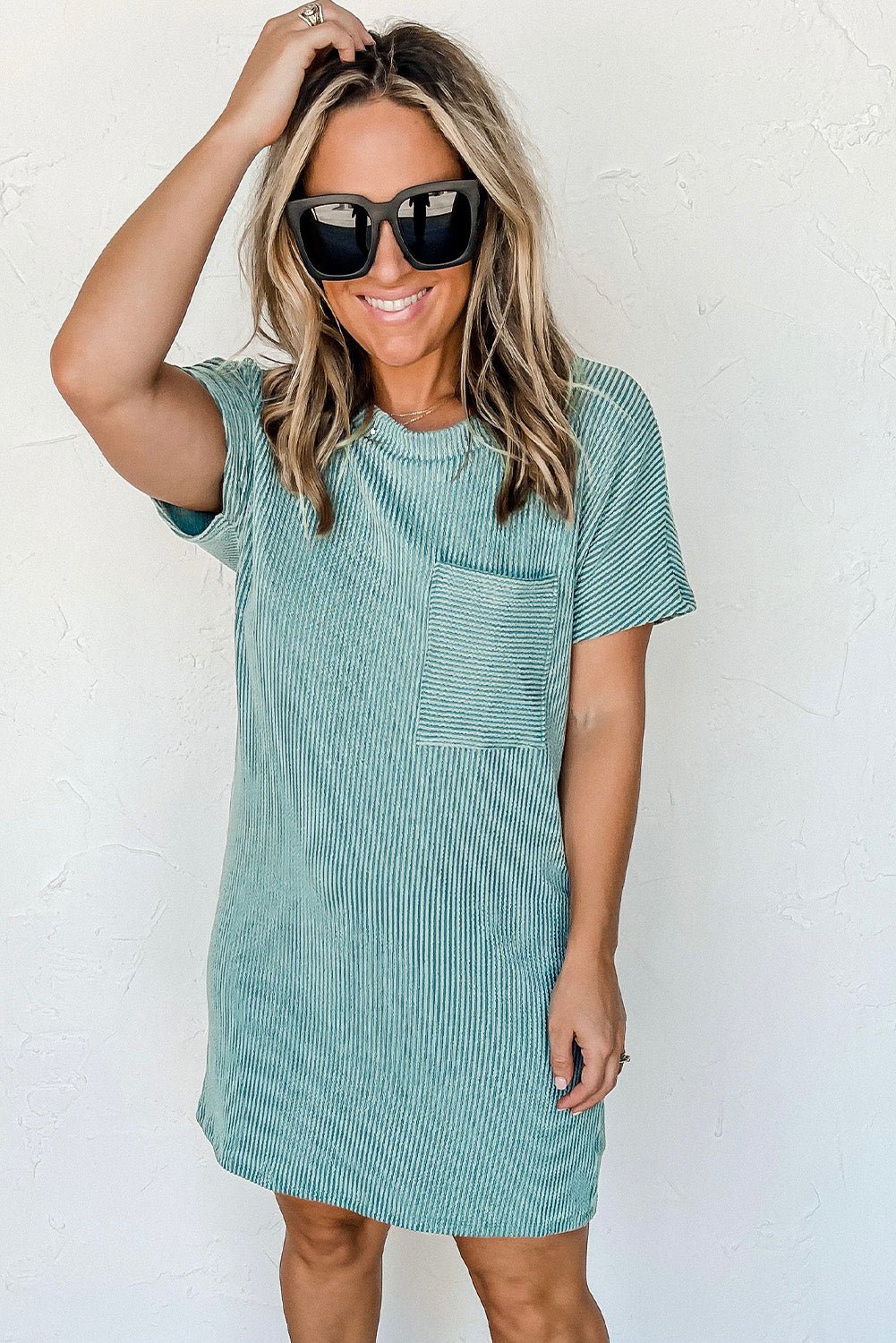 Grey Ribbed Short Sleeve Chest Pocket Casual T Shirt Dress