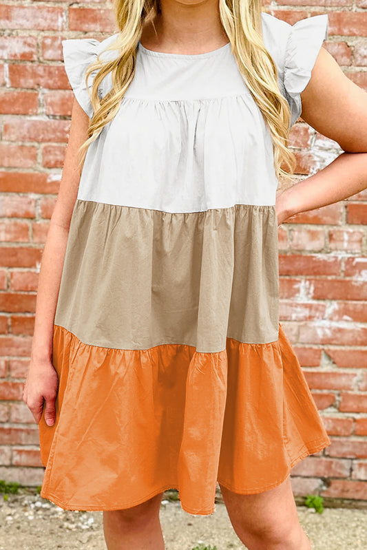 Apricot Ruffle Color Block Tiered Mini Dress