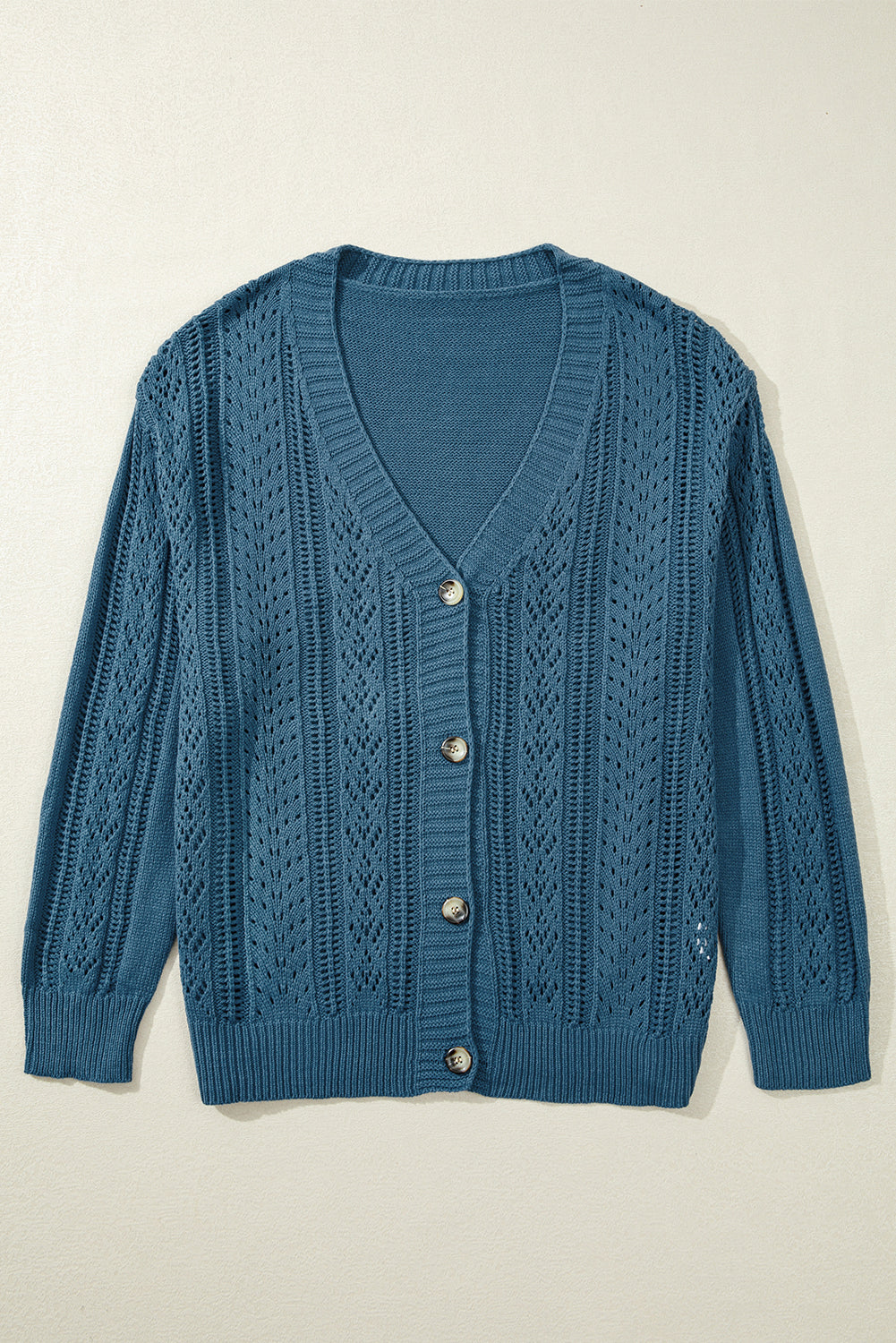 Real Teal Hollow Knit V Neck Button Front Plus Size Cardigan