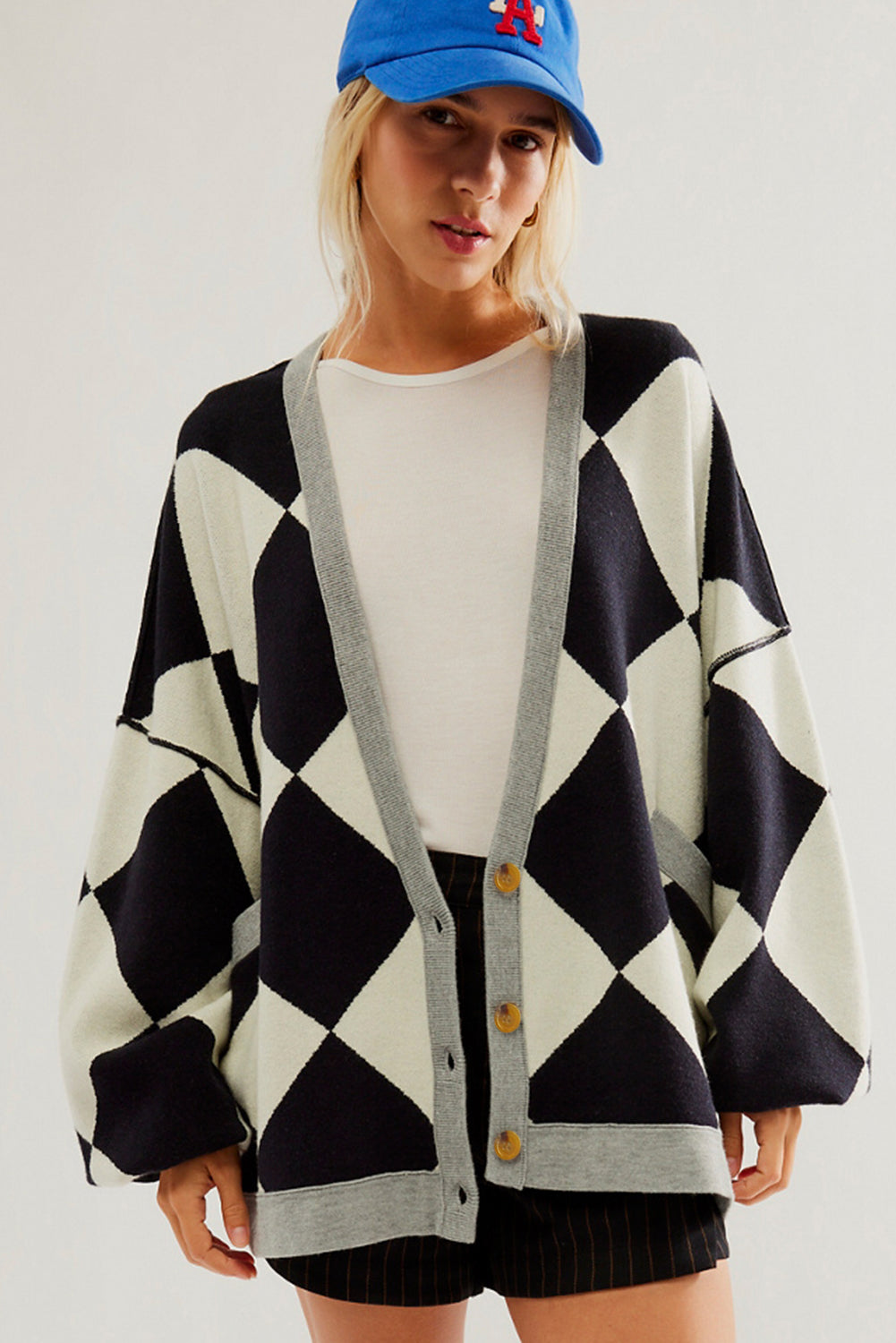 White Stripe Colorblock Drop Shoulder Buttoned Loose Cardigan