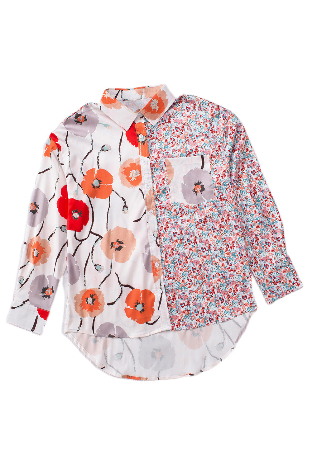 Red Bohemian Floral Pockets Patchwork Button Up Shirt