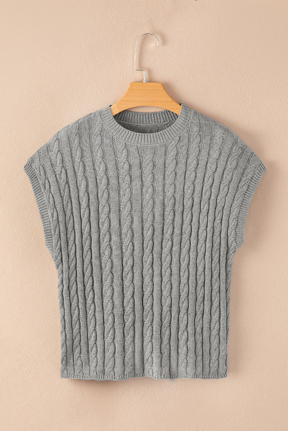 Black Cable Knit Crewneck Short Sleeve Sweater