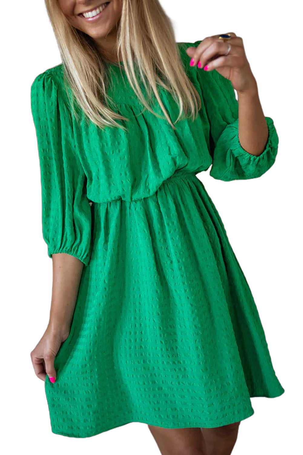 Dark Green Solid Color Round Neck Puff Sleeve Mini Dress