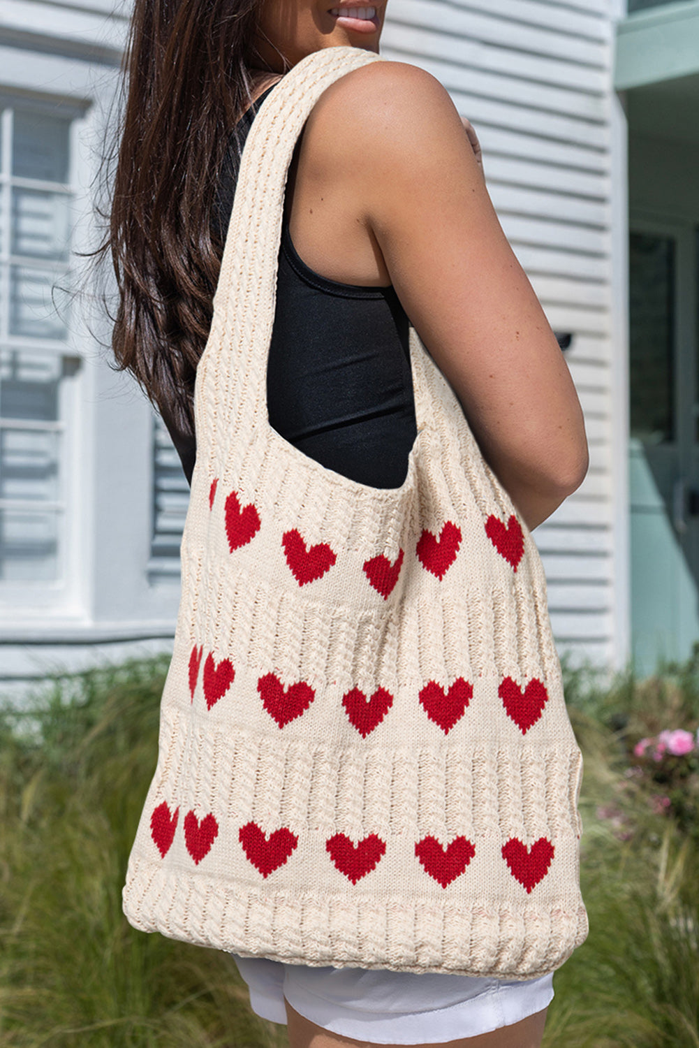 Blue Colorblock Heart Pattern Knit Shoulder Bag