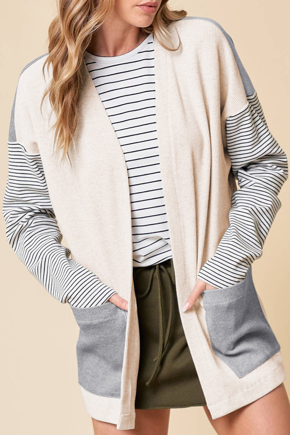 Black Striped Patchwork Pocket Open Front Cardigan