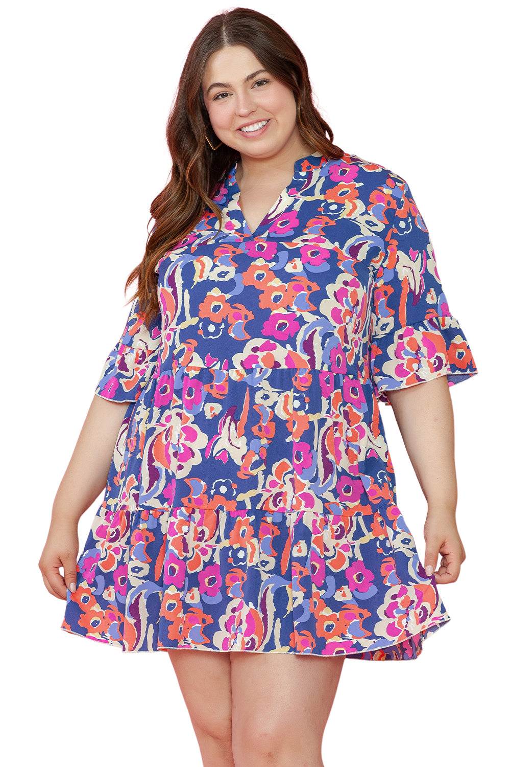 Blue Plus Size Floral Print Bell Sleeve Mini Dress