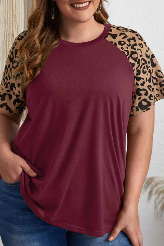 Burgundy Contrast Leopard Raglan Sleeve Plus Size T-shirt