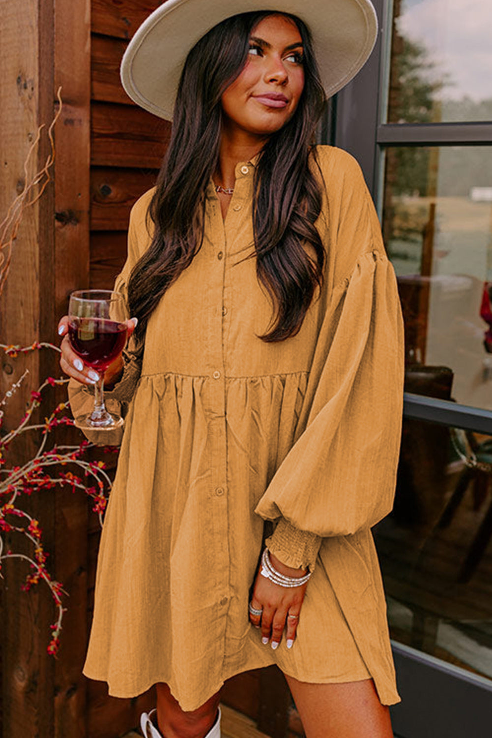 Light Beige Bishop Sleeve Smocked Cuffs Mini Shirt Dress