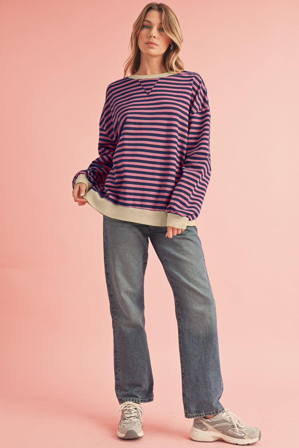 Sky Blue Stripe Contrast Edge Oversized Pullover