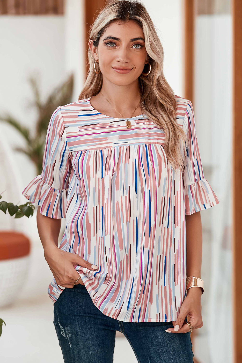 White Colorblock Striped Ruffle Half Sleeve Blouse