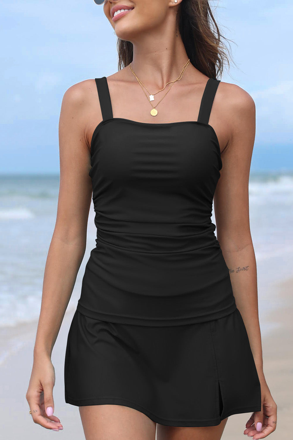 Black Ruched Square Neck Adjustable Strap Tankini Swimsuit