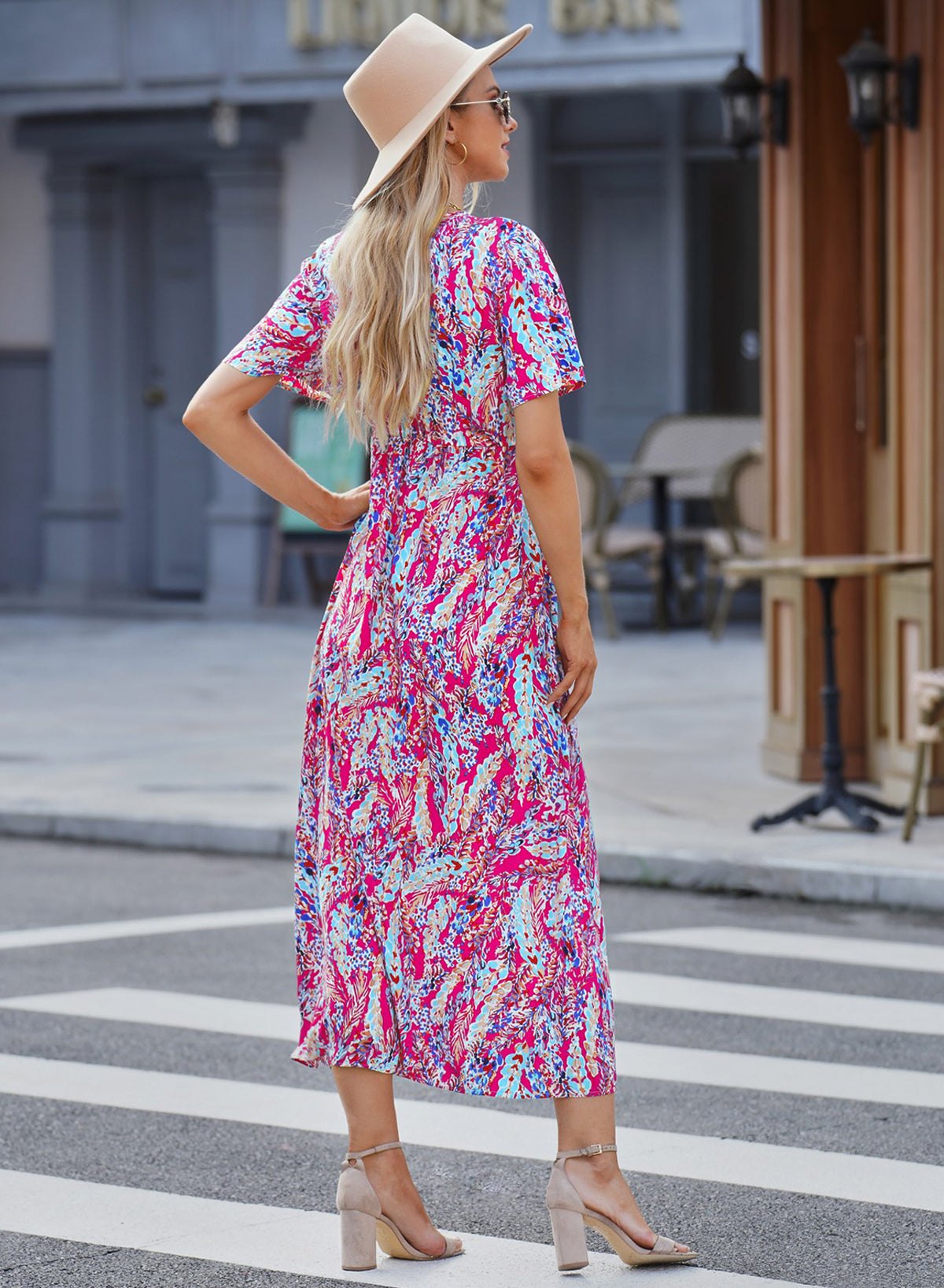 Abstract Botanic Print Wrap V Neck Short Sleeve Maxi Dress