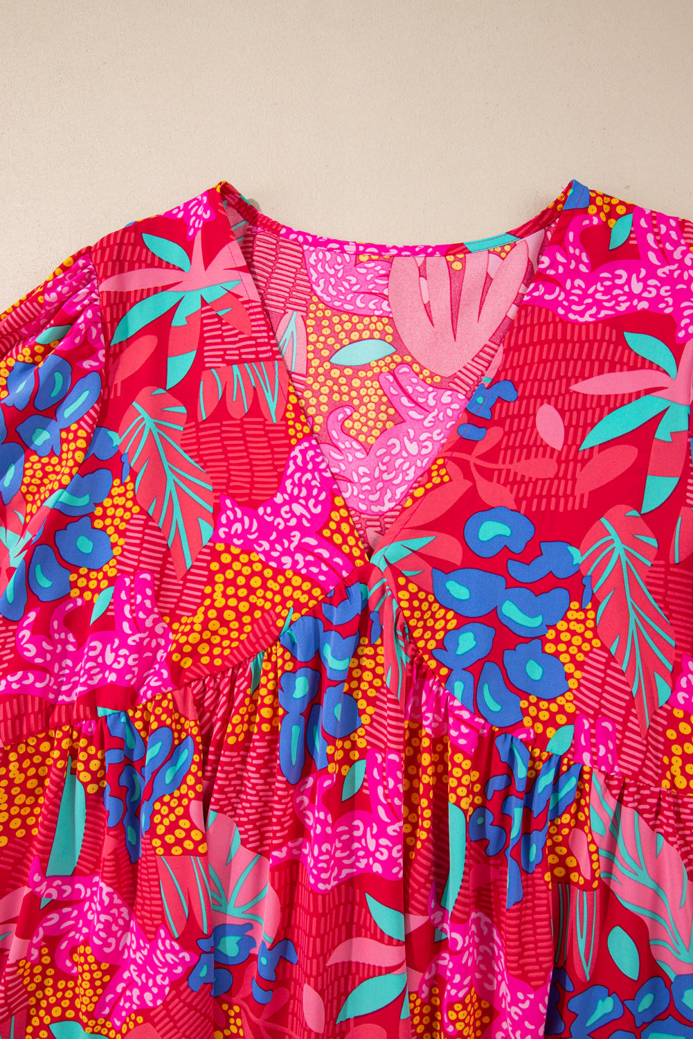 Rose Tropical Print Lantern Sleeve V Neck Ruffle Plus Size Mini Dress