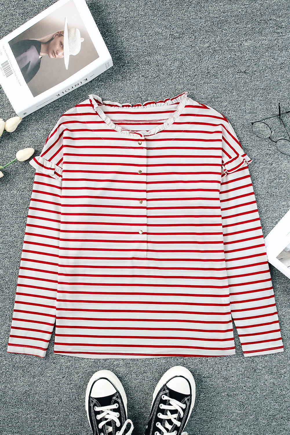 Black Striped Snap Button Casual Long Sleeve Henley Shirt