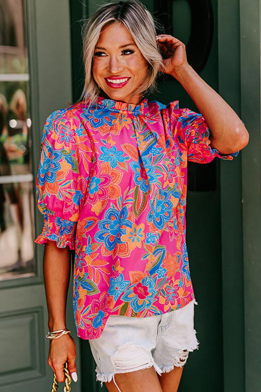 Rose Frill Neck Puff Sleeve Boho Floral Blouse