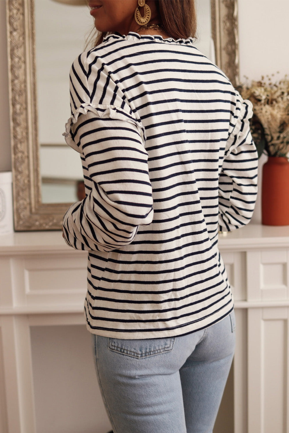 Black Striped Snap Button Casual Long Sleeve Henley Shirt