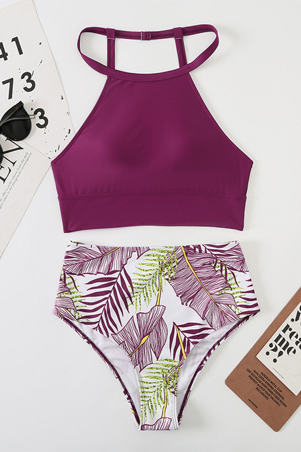 Brown Tropical Print Back Split Color Block High Waisted Swimsuit