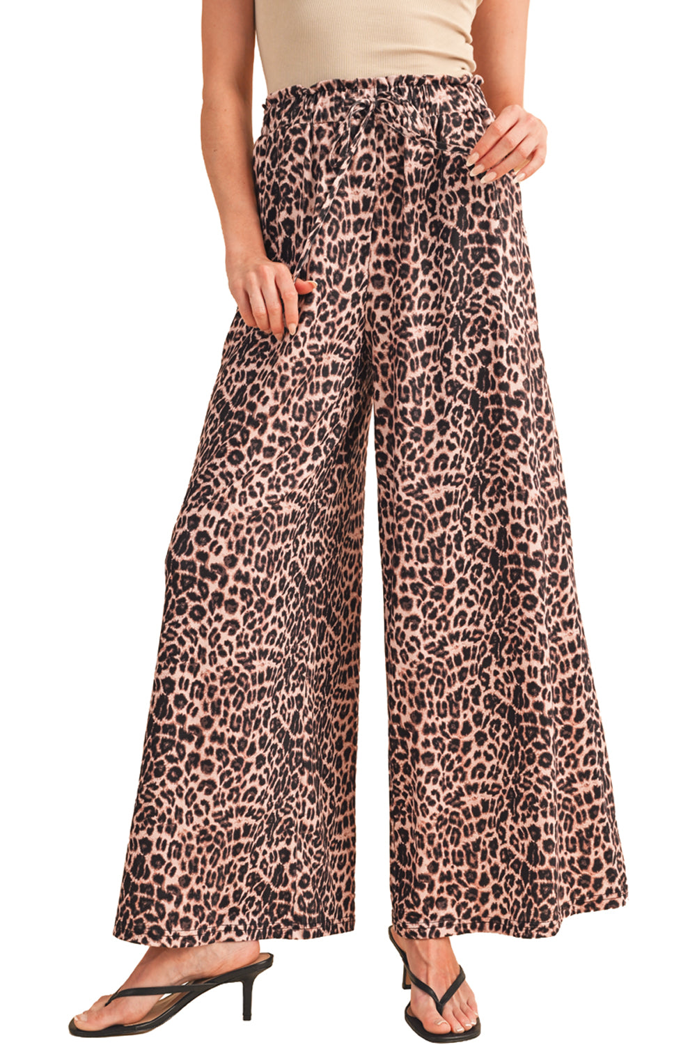 Beige Boho Leopard Print Wide Leg Pants