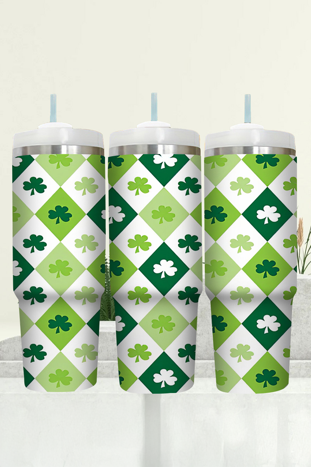 Green St Patricks Day Checkered Clover Tumbler Cup