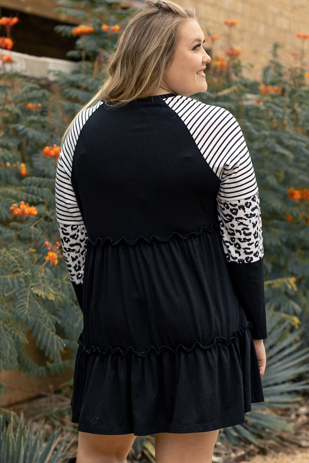 Black Plus Size Striped & Leopard Patch Sleeve Ruffle Tiered Dress