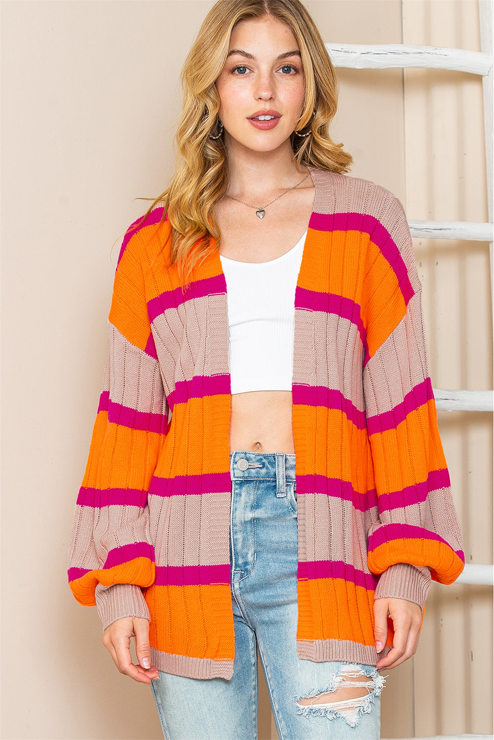 Orange Stripe Print Ribbed Knit Sweater Cardigan