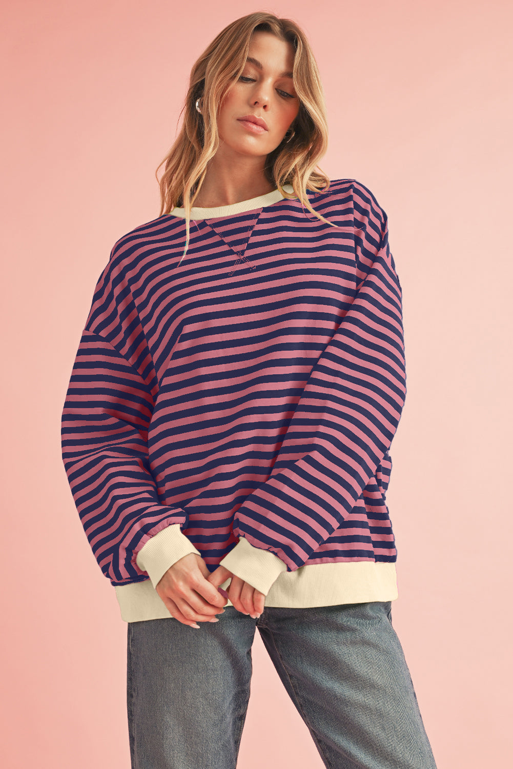 Sky Blue Stripe Contrast Edge Oversized Pullover