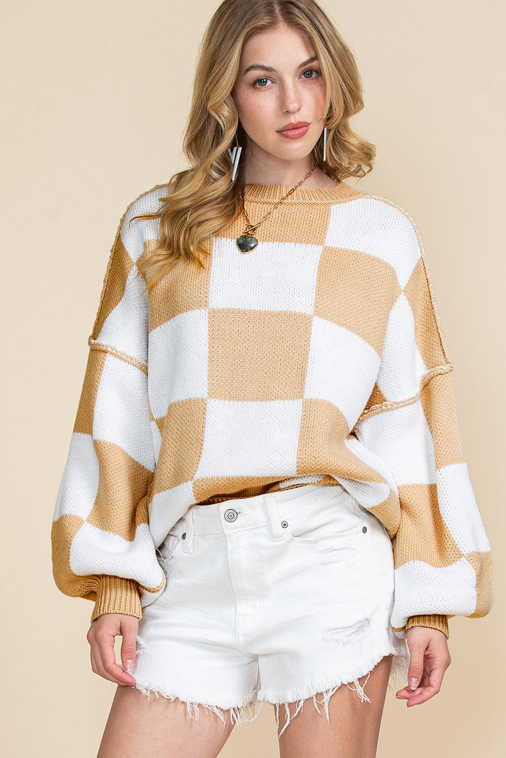 Gray Checkered Bishop Sleeve Pullover Sweater