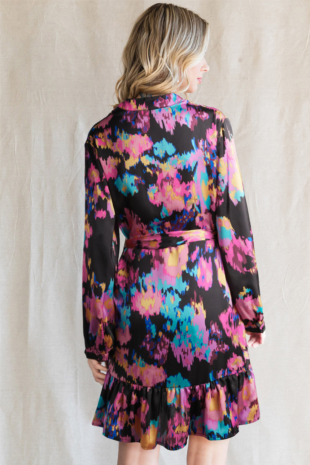 Abstract Print Waist Belted Flounce Hem Split V Neck Long Sleeve Dress