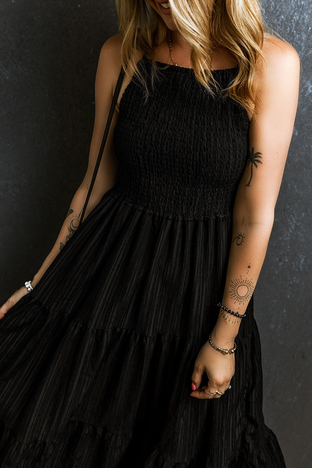 Black Smocked Pleated Sleeveless Flared Maxi Dress