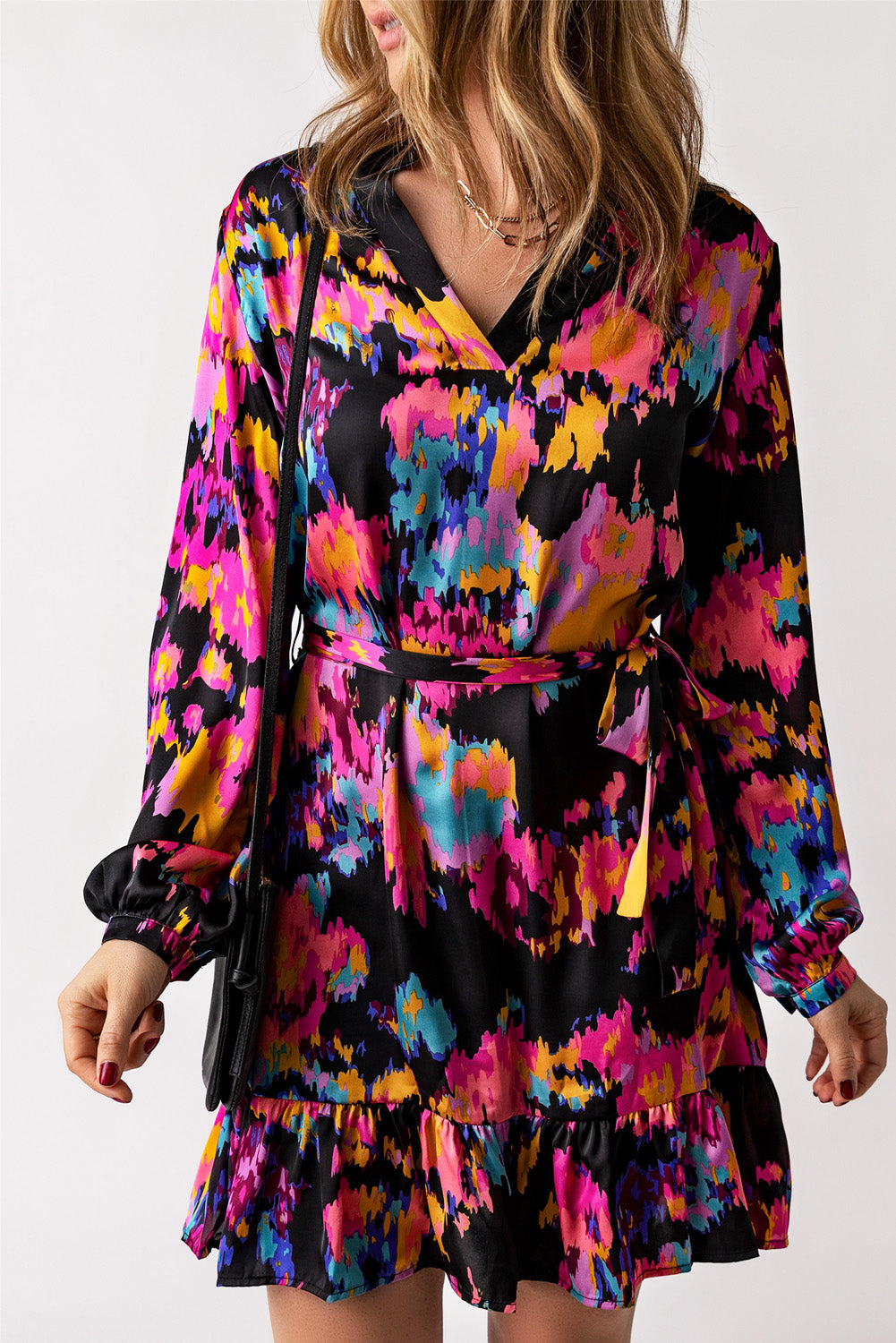 Abstract Print Waist Belted Flounce Hem Split V Neck Long Sleeve Dress