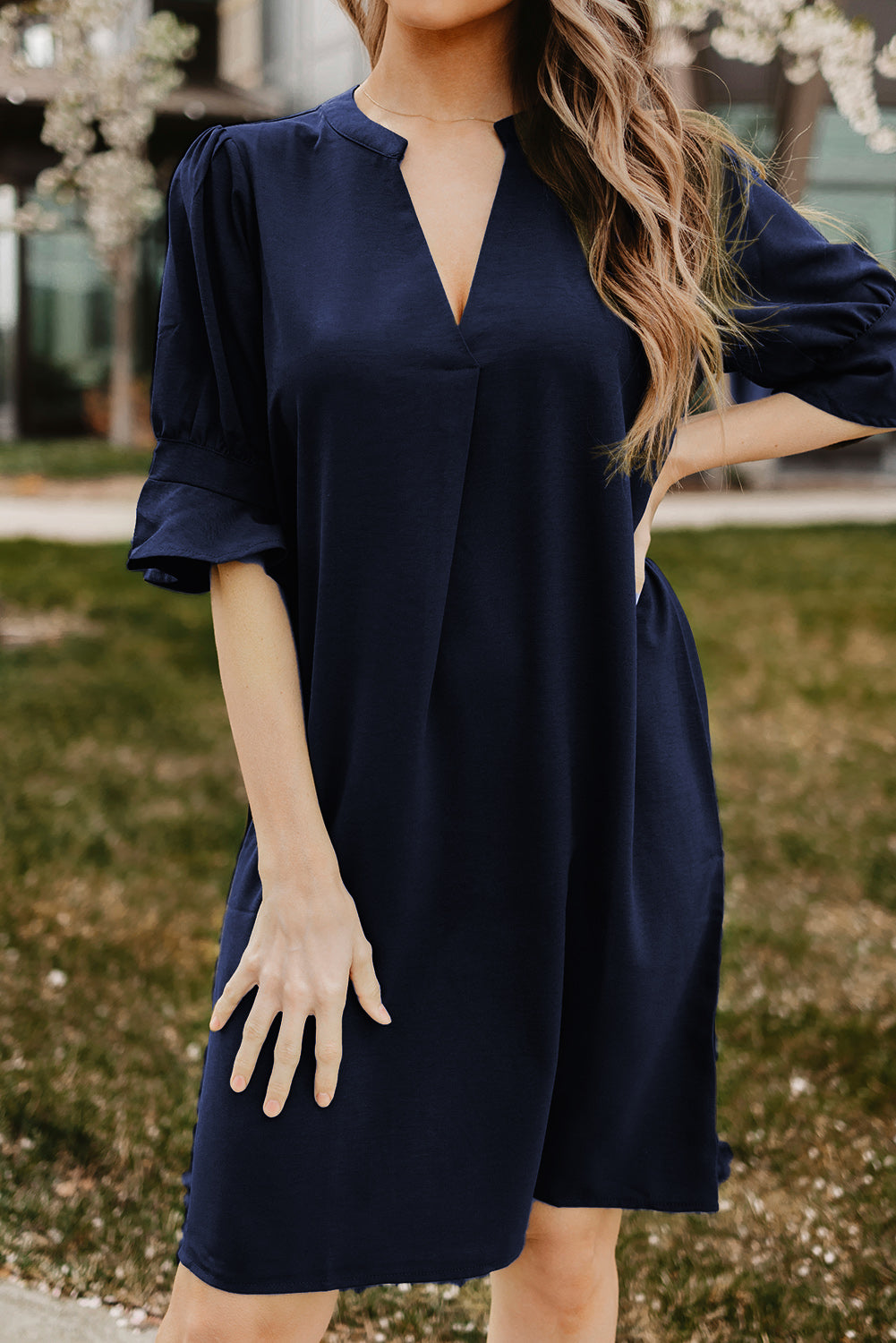 Black Split V Neck Short Sleeve Casual Tunic Dress