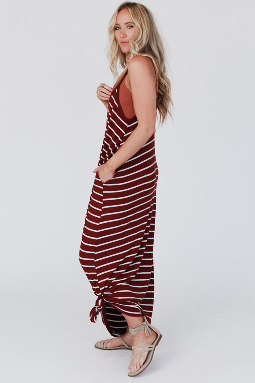 Red Stripe Print Side Pockets Spaghetti Straps Maxi Dress