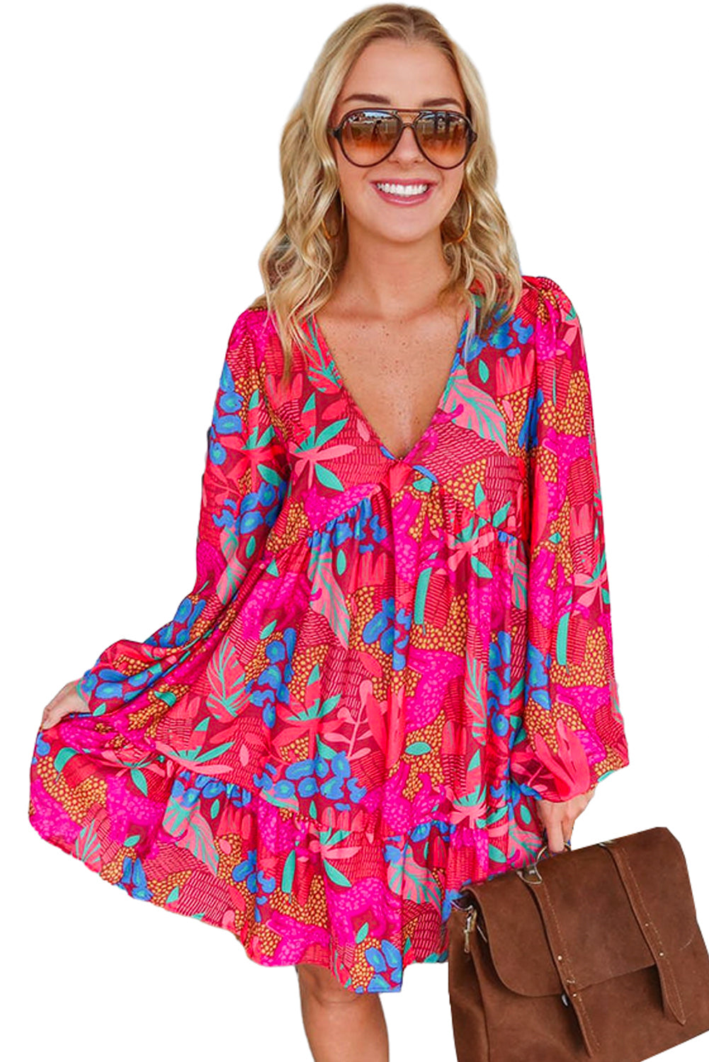 Rose V Neck Bubble Sleeve Boho Flower Flowy Dress