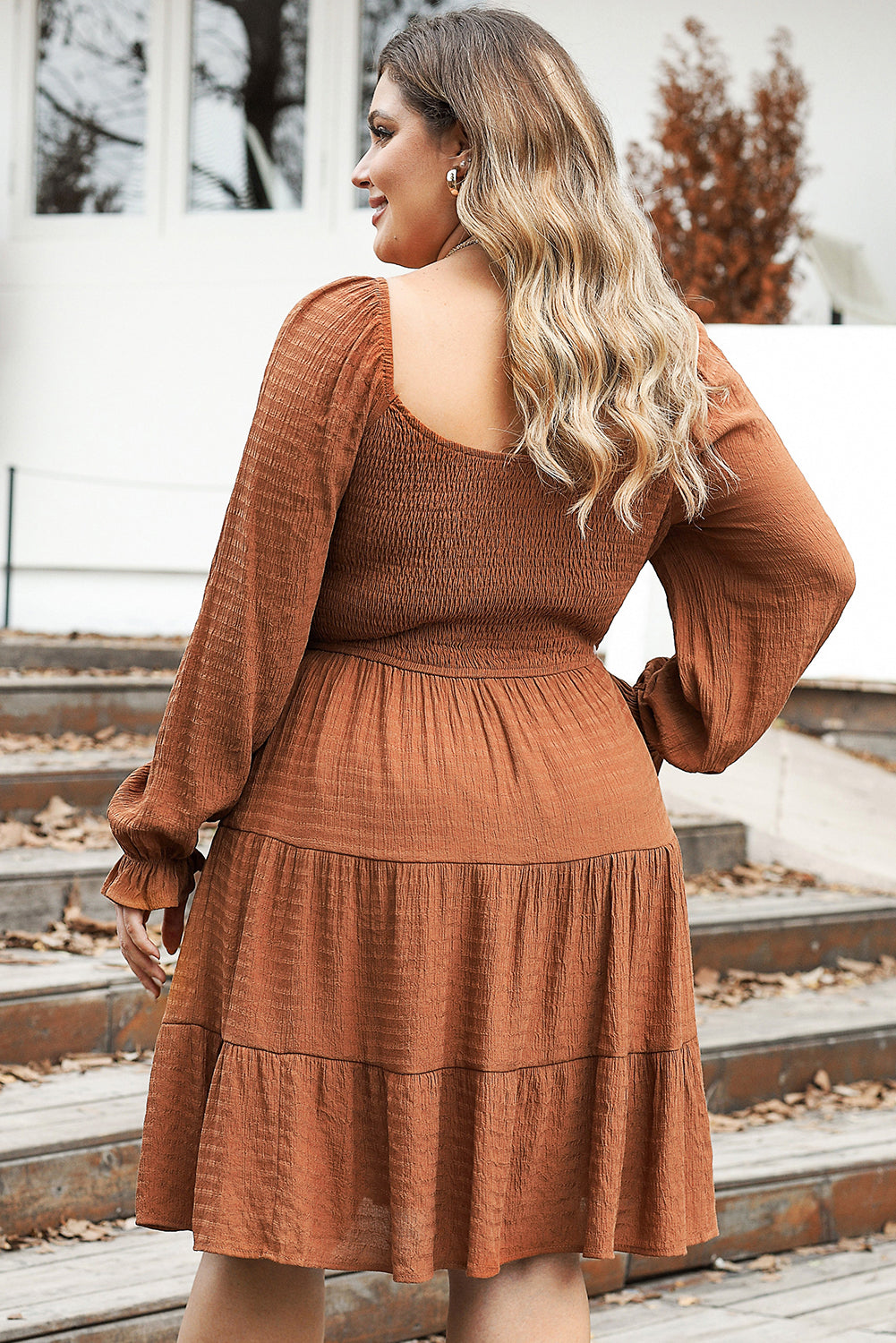 Chestnut Plus Size Smocked Ruffled Sleeve Shirred Mini Dress