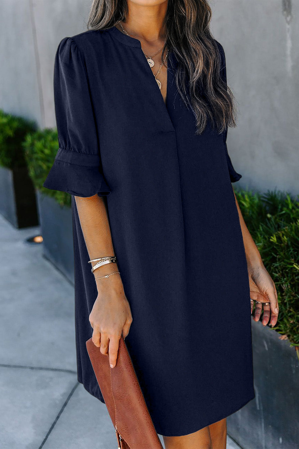 Black Split V Neck Short Sleeve Casual Tunic Dress