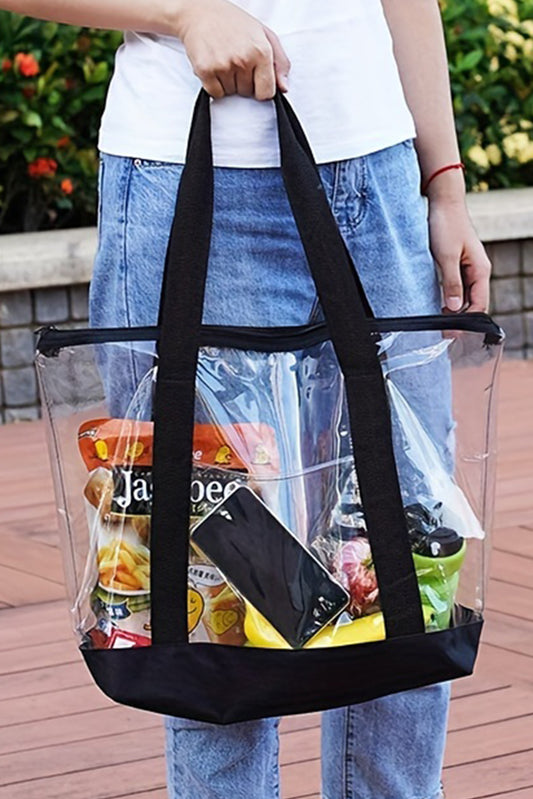 Black Contrast Trim Zipped Clear Tote Bag