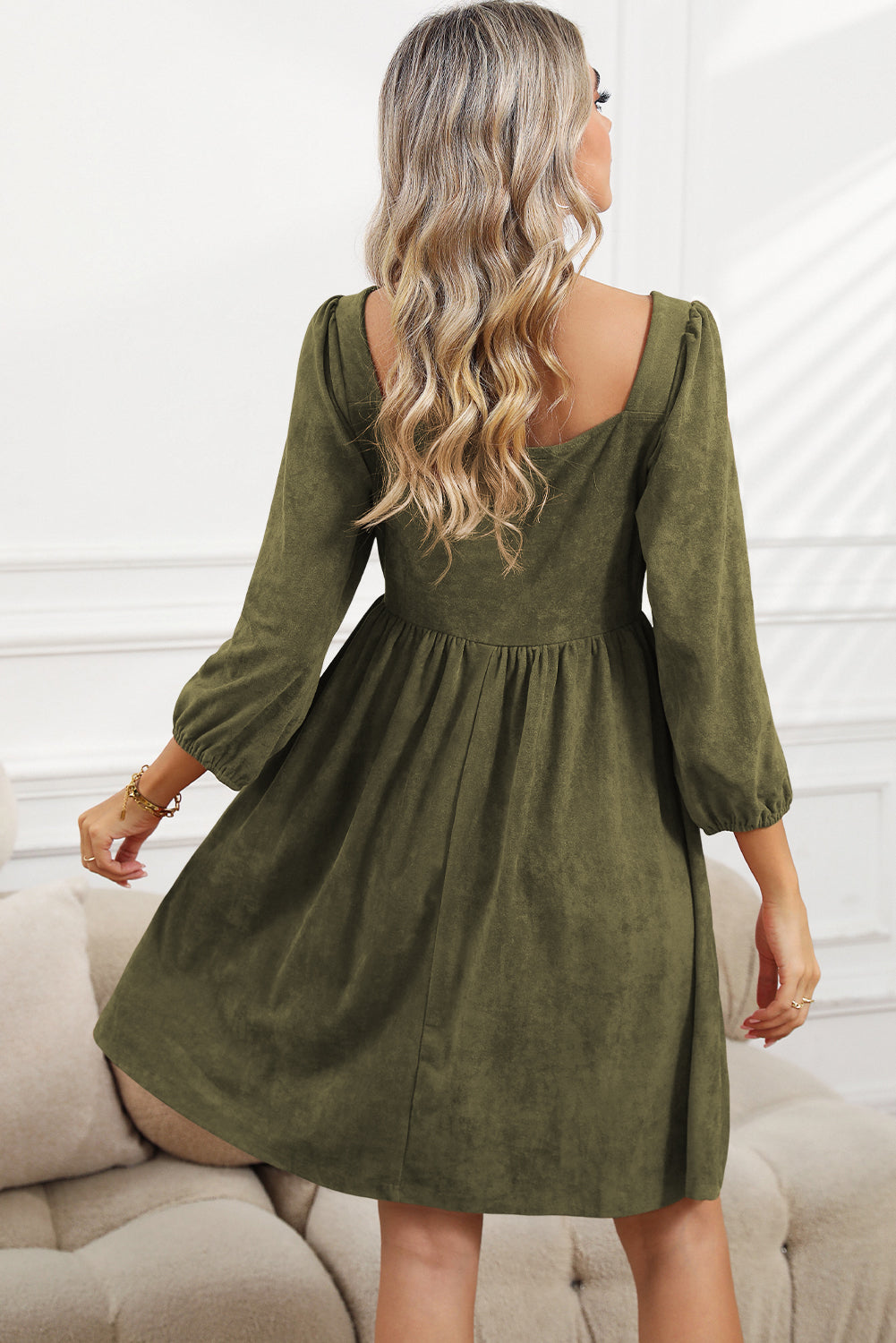 Green Washed Square Neck High Waist Flared Short Dress