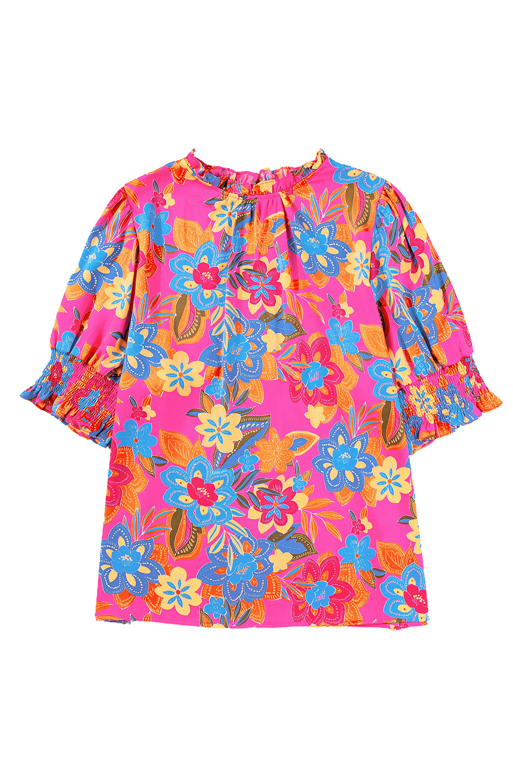 Rose Plus Size Floral Print Frill Neck Smocked Puff Sleeve Blouse