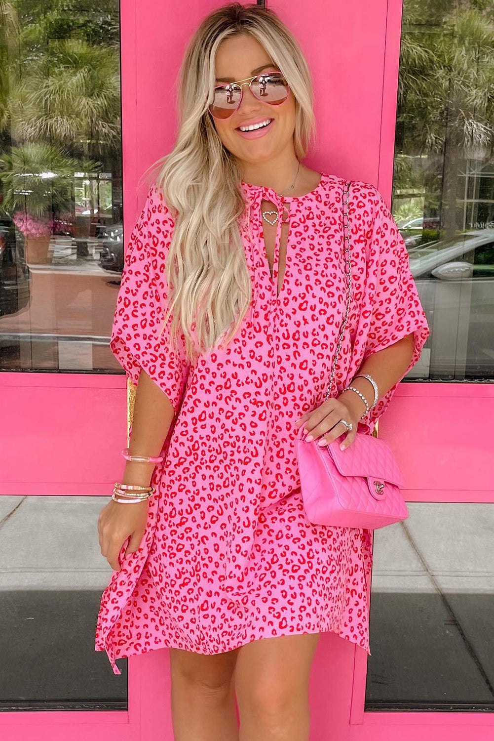 Pink Keyhole Short Sleeve Casual Leopard Print Dress