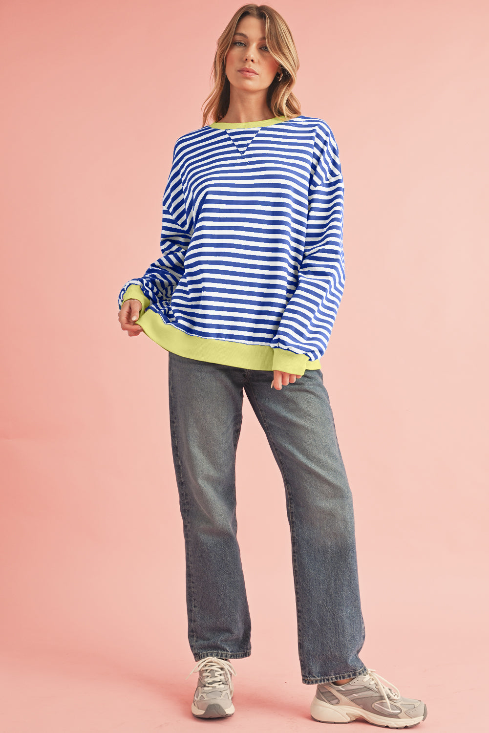 Sky Blue Stripe Contrast Edge Oversized Pullover